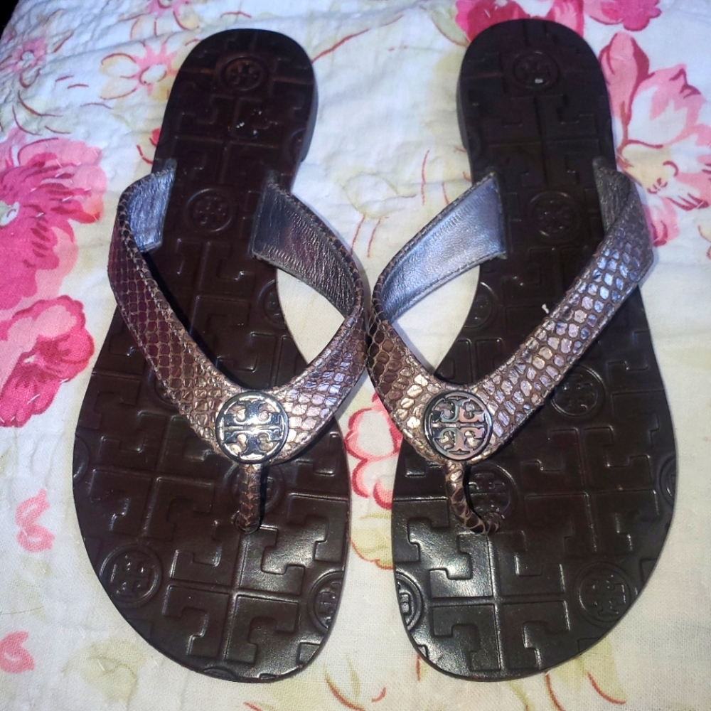 Tory Burch Sandals Leather Reptile Print Sz 5 Brown